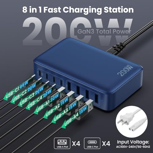 200 W Ga N III USB C Charging Hub – 6-Port Fast Charging Station for Laptops and Devices – PD 65 W Compatible with Mac Book Pro, i Pad, i Phone 15/16, Galaxy S23/S24, Steam Deck & More – Ultimate Universal Charger for Home, Office & Travel