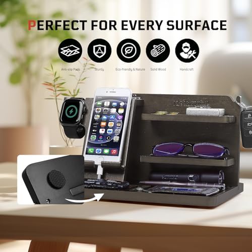 Nightstand Organizer, Wood Phone Docking Station with Adjustable Rack, Bedside Desk Organizer, EDC Tray for Men, Dads, Husbands – Ideal for Anniversaries and Birthdays – Dark Brown – Enhanced Compatibility and Speed