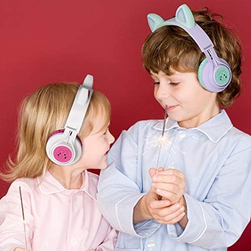 Riwbox CT-7 S Cat Ear Bluetooth Headphones for Kids – Fun LED Light Design with Safe 85 d B Volume Limiting, Comfortable Over-Ear Fit, Built-in Microphone for Seamless Video Calls and Gaming, Perfectly Compatible with Laptops, PCs, and TVs for Young Audiophiles Seeking Engaging Audio Adventures