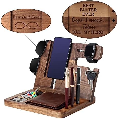 Personalized Wooden Charging Docking Station for Dads – Elegant Nightstand Organizer with Fast-Charging Capability, Multi-Compartment Design for Smartphones, Smartwatches, Keys & Wallets – Ideal Custom Father’s Day Gift or Birthday Surprise, Durable Home Essential