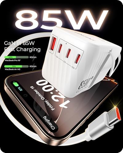 LENCENT 85 W Universal Travel Adapter with Retractable USB-C Cable – High-Speed International Plug Converter Featuring 3 Type-C & 1 USB-A Ports for Effortless Worldwide Charging – Your Ultimate Travel Essential for Maximum Compatibility, Fast Charging, and Ga N Technology Efficiency