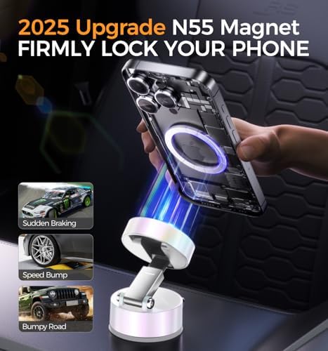 MAGIC JOHN Ultra Magnetic Car Phone Holder – 360° Rotatable Dashboard Mount for All Smartphones, Foldable Design, Strong Vacuum Grip for Secure Use, Sleek Black Finish, Effortless Installation, Ideal Hands-Free Navigation and Connectivity