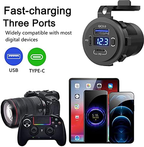 Zennova 12 V Dual USB Quick Charge 3.0 Outlet – 5 Pack Waterproof Car Charger with PD USB-C Port, Integrated Voltmeter, and Power Switch for Cars, Boats, Golf Carts, RVs, and More – Ultimate Charging Solution for All Adventures