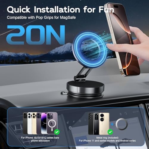 Magnetic Suction Cup Phone Mount for Magsafe, Foldable and 360° Retractable Hands-Free Vacuum Car Phone Holder for Car/Gym/Mirror/Smooth Surface, Compatible with iPhone Android, White – Enhanced Compatibility and Speed