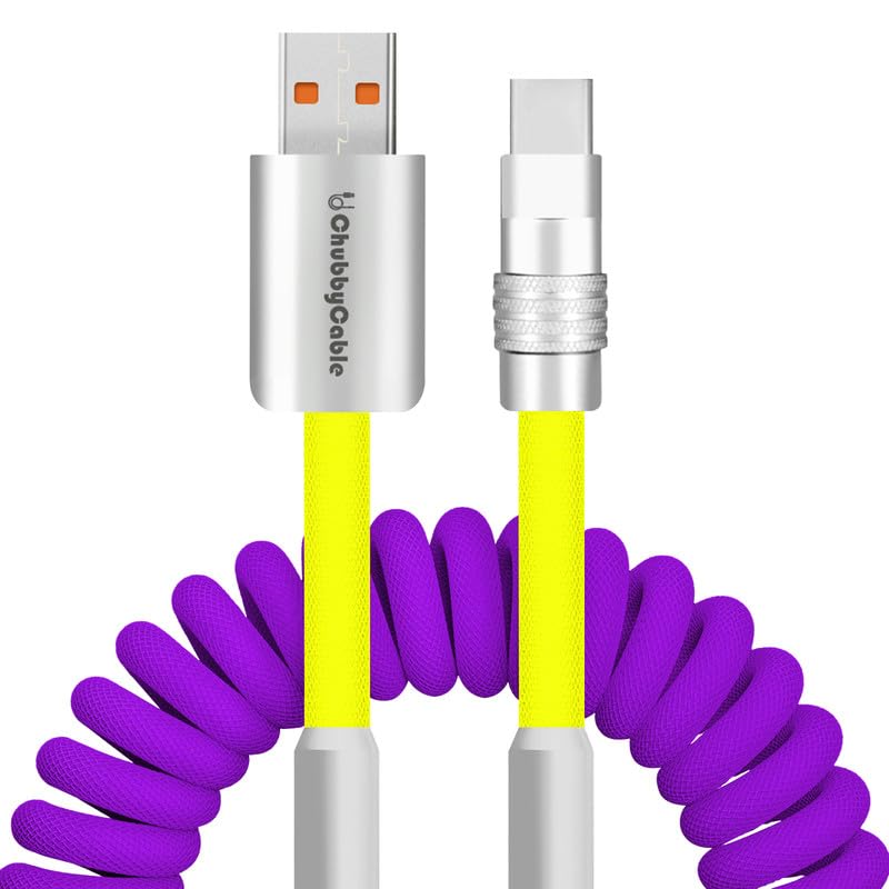 Dynamic Curly Chubby Coiled USB C Cable: 240 W Fast Charge Retractable Spiral Braid Cord for Carplay & Android Auto, Versatile Length 2.29 FT to 3.6 FT, Sleek Black and Red Design, Enhanced Compatibility for All USB-A to Type-C Devices