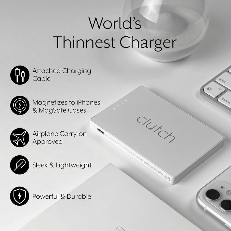 Lightweight Clutch Pro 5000 m Ah Portable i Phone Charger – TSA Approved Magnetic Power Bank for Travel – Built-in Lightning Cable – Perfectly Compatible with i Phone 14 & Earlier Models – Secure, Hassle-Free Charging at Just 3.7 oz – Elevate Your Travel Experience with Reliable Power Solutions