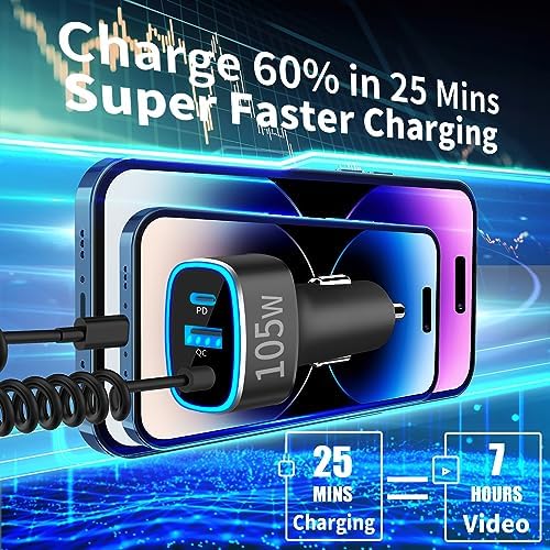Rombica 105 W MFi Certified Dual USB-C & USB-A Fast Car Charger for i Phone 16 Pro Max – Ultimate Portable Power Solution with 6 FT Coiled Type-C Cable for Rapid Charging on the Go, Perfect for Road Trips and Daily Commuting