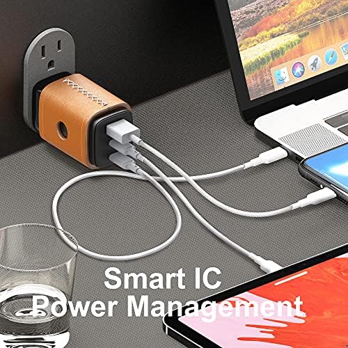 Premium 65 W Ga N USB-C Wall Charger with 3 Ports – Elegant Foldable Design in Genuine Leather for Fast Charging of i Phone 16/15/14/13/12, i Pad Pro/Air/Mini, Nintendo Switch, Mac Book/Air – Ultimate Compatibility & Portability for Tech Lovers