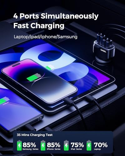 Experience Rapid Roadside Charging with SUNDA 120 W USB C Fast Car Charger – 4-Port Adapter Featuring Dual Type C PD60 W/PPS60 W for i Phone 16/15 Pro/Max/14 & Samsung Galaxy S24, Plus Dual USB-A 30 W QC3.0 for All Android Devices – Compact, Durable, and Universally Compatible for Effortless Multi-Device Charging on the Go