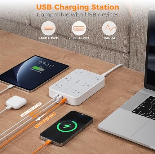 TESSAN 10 FT Flat Extension Cord with Surge Protection: Compact Power Strip Featuring 6 AC Outlets, USB-C & Dual USB-A Ports – Ideal for Home, Office, and Dorm Room Use with Wall Mount Capability for Space-Saving Convenience