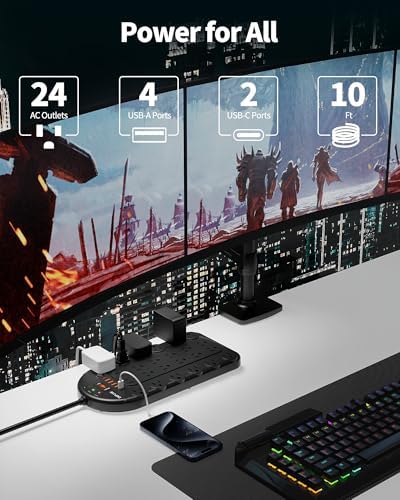 Ultimate Power Strip with 24 AC Outlets and 6 USB Ports, Including 2 High-Speed USB-C Ports, 3400 Joules Surge Protection, 10 Ft Heavy-Duty Flat Plug Extension Cord, Wall Mountable Design for Home and Office Use, ETL Listed for Safety Compliance