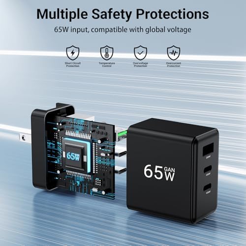 65 W USB C Wall Charger – Compact 3-Port Fast Charging Station for Mac Book Pro, i Pad Pro, Galaxy S23 & i Phone 15 – Foldable Travel Design with Universal Compatibility & Enhanced Safety Features for Optimal Device Performance