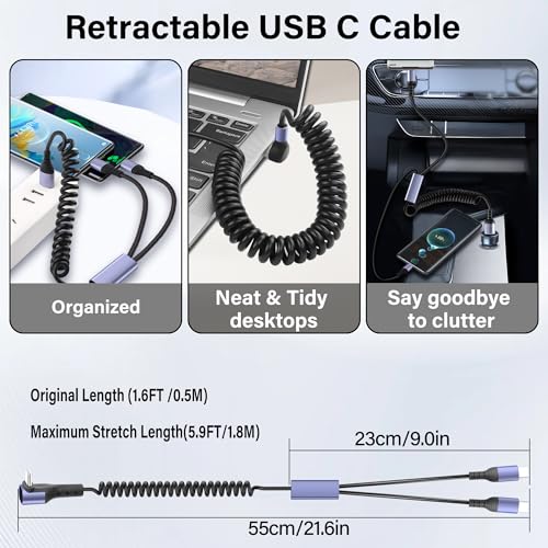 90-Degree USB Type C Coiled Multi-Charging Cable – 5.9 ft Fast Charging Y Splitter for Laptops, Tablets, Power Banks & Smartphones – Enhanced Durability & Versatile Compatibility