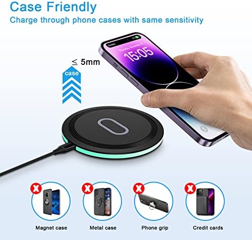 15 W Fast Wireless Charging Pad – Universal Qi-Compatible Charger for i Phone 15 Pro Max, Google Pixel Series, and Samsung Galaxy Devices – Sleek and Portable Design with Safety Protection Features for Effortless Charging on the Go