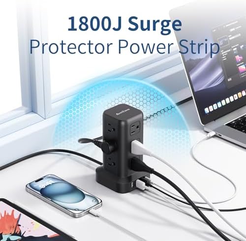 Ultimate Surge Protector Power Strip Tower with 10 FT Cord and 4 USB Ports (1 USB C) – 12 AC Outlets for Home Office and Dorm Room – Space-Saving Design with Enhanced Protection for Your Electronics and Fast Charging Solutions