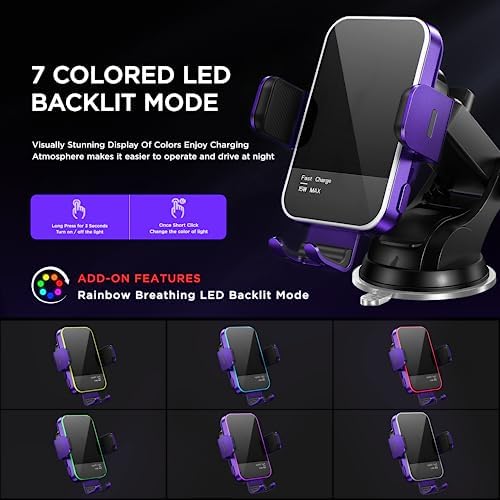 High-Speed Wireless Car Charger with Auto-Clamping Phone Mount and RGB Backlight – 15 W Qi-Compatible Charging for i Phone 15, 14, 13, 12 Mini, Pro Max, 11, XR, X, Samsung Galaxy S23 Ultra, S22, S21+ – Sleek Silver Design for Enhanced Aesthetics and Safety on the Road