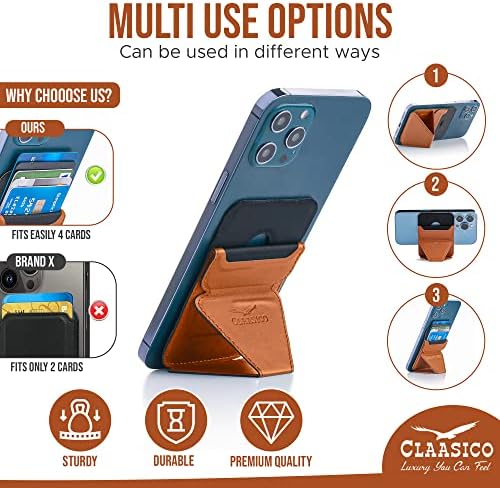 Versatile Claasico Magnetic Cell Phone Wallet & Stand – Stylish Brown Cardholder with Car Air Vent Mount, Dual-Mode Viewing, Extra Magnetic Strips for Enhanced Compatibility – Ultimate Hands-Free Accessory for i Phone Users and Minimalist Lifestyles