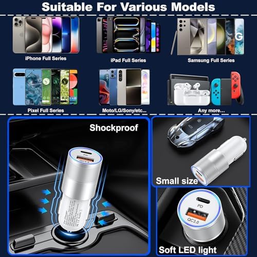 38 W Dual Port Fast Car Charger for i Phone 16 & 15 – Includes 2 Braided 6 ft USB-C Cables & 40 W Wall Adapter – Quick Charge 3.0 Cigarette Lighter Adapter for i Pad, Samsung & Tablets – Ultimate On-the-Go Charging Solution