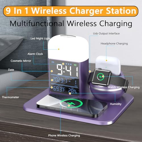 Ultimate 9-in-1 Wireless Charging Station with Integrated Alarm Clock and Night Light – Fast Qi-Certified Docking Solution for Apple Devices with 30 W Ga N Charger and USB Port – Stylish Blue Design for Clutter-Free Bedside Charging