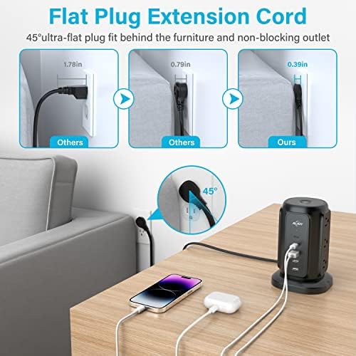 Maximize Your Power Potential with Ai Joy’s Space-Saving Flat Plug Power Strip Tower – 9 Outlets & 5 USB Ports (2 USB-C) for Rapid Charging, 1200 Joules Surge Protection, 6.5 Feet Extension Cord – Ideal for Home, Office, and Dorm Use – Durable, Efficient, and Compact Design for Uncluttered Charging Solutions