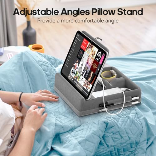 KDD Multifunctional Tablet Pillow Stand – Adjustable Foldable i Pad Holder for Bed, Lap, and Desk with Soft Pad Dock and Stylus Storage – Compatible with i Pad Pro (12.9, 10.5, 11), Air, Mini, Phones, and Books – Ultimate Comfort and Versatility for Hands-Free Use