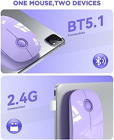 Sleek Purple Wireless Bluetooth Mouse – Effortless Dual Connectivity, 1600 DPI Precision, Whisper-Quiet Clicks, Long Battery Life for Enhanced Productivity and Versatile Device Compatibility