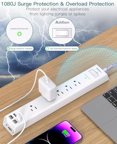6 Ft Surge Protector Power Strip with 5 AC Outlets & 2 USB-C Ports – Space-Saving Flat Extension Cord for College Dorms & Home Office – Reliable Desktop Charging Station in Sleek White Design – Enhanced Surge Protection for Optimal Device Safety