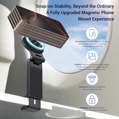 Universal Magnetic Airplane Phone Holder – 360° Rotatable & Adjustable Travel Mount for i Phone 16/15/14/13 – Compact, Foldable Stand for Enhanced Accessibility in Airplanes, Kitchens & Workspaces – Essential Travel Companion for Hands-Free Navigation & Streaming