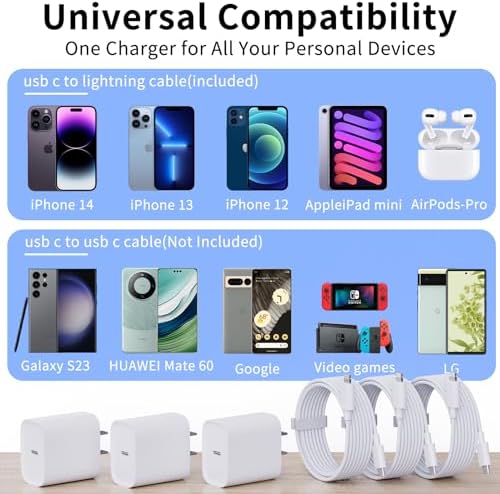 Ultimate 20 W USB C Power Adapter Set for i Phone 14, 13, 12 & 11 – Triple Pack Fast Charging Solution with 6 FT Type-C to Lightning Cables – Ideal for Home, Office, and Travel Efficiency – Overheat Protection & Enhanced Compatibility for All USB-C Devices