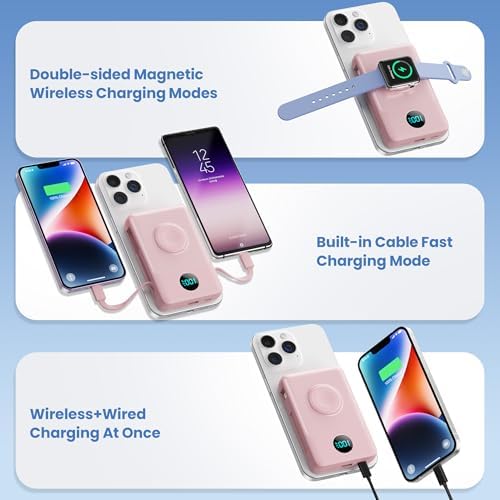 Ultimate 6-in-1 Magnetic Portable Charger, 10800 m Ah Power Bank for i Phone – Features Integrated Cables, Wireless Charging for Apple Watch, Smart LCD Display, and 25 W PD Fast Charging – Perfect Travel Accessory for All Devices with Enhanced Safety Features and Compatibility for i Phone 12 to 16 Series