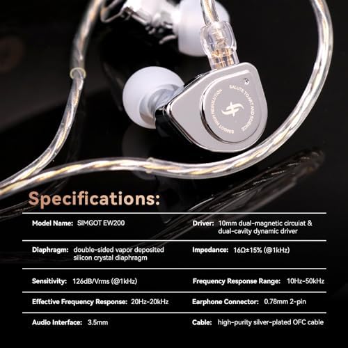 Linsoul SIMGOT EW200 Elite In-Ear Earphones – Cutting-Edge 10 mm SCP Dynamic Driver for Crystal-Clear Sound, Rugged All-Metal Design for Enduring Performance, Detachable 0.78 mm Silver-Plated OFC Cable for Superior Audio Clarity, Built-In Microphone for Effortless Communication – Perfect for Audiophiles and Musicians Seeking Unrivaled Comfort and Device Versatility