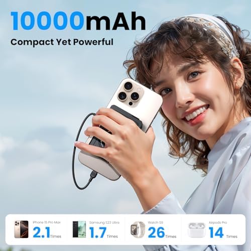 Magnetic 5-in-1 Power Bank with Built-in AC Plug – 10,000 m Ah Mag Safe Battery Pack for i Phone 16/15/14/13/12 Mini, Apple Watch & Air Pods – 22.5 W Fast Wired & 15 W Wireless Charging with 360° Rotating Stand – Effortless Convenience & Advanced Safety Features for On-the-Go Users