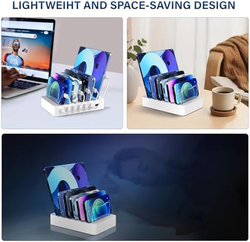 68 W Multi-Device Charging Station: 6-Port USB Dock with 20 W Fast Charging for i Phone, i Pad, and More – Sleek White Design with Included Cables for Ultimate Convenience and Efficiency