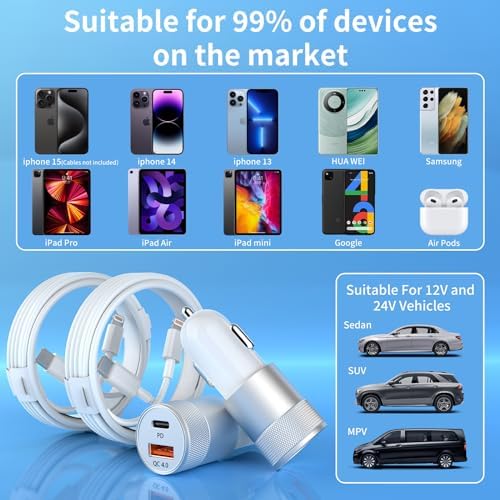 48 W Dual Port USB-C Car Charger with Lightning Cables – Apple MFi Certified Fast Charging Solution for i Phone, i Pad, and Air Pods – Durable All-Metal Design for Enhanced Portability and Efficiency – Ideal for Car Play and On-the-Go Charging Needs