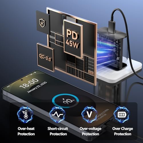 45 W Super Fast USB-C Charger with 6.6 ft Cable – Ultra-Fast Charging Adapter for Samsung Galaxy S24/S23/S22/S21/Note 20 – Stylish Deep Purple & Blue Design for Enhanced Device Performance and Safety