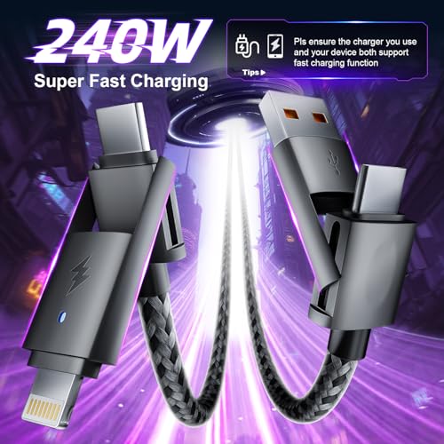 240 W 4-in-1 Braided Charging Cable: Ultimate Fast Charge Solution with E-Mark Chip for i Phone, i Pad, Mac Book & Android Devices (5 FT) – Durable Multi-Connector Cord for Seamless Device Compatibility and Superior Performance