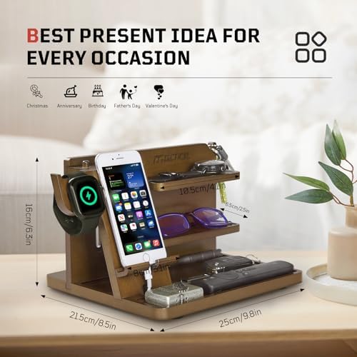 Nightstand Organizer, Wood Phone Docking Station with Adjustable Rack, Bedside Desk Organizer, EDC Tray for Men, Dads, Husbands – Ideal for Anniversaries and Birthdays – Dark Brown – Enhanced Compatibility and Speed