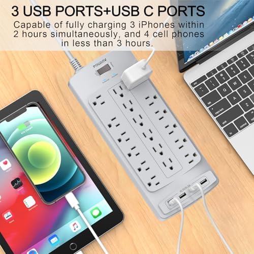 Maximize Your Power Supply with the 18-Outlet Surge Protector Power Strip – 6 Feet Heavy-Duty Extension Cord Featuring 4 Fast USB Ports, 2100 Joules of Surge Protection, and ETL Certification for Ultimate Safety and Compatibility