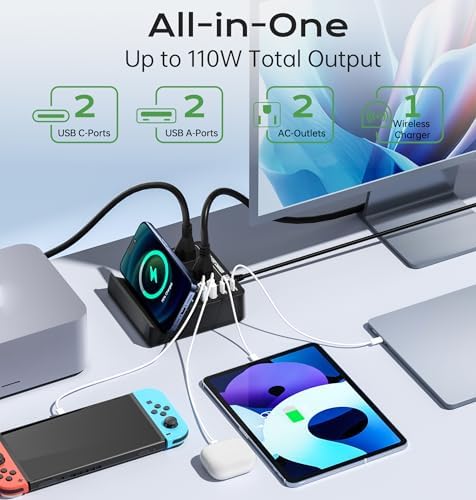 TOPOINT 7-in-1 Multi-Device Charging Hub with Wireless Charging Pad – 65 W Fast USB-C Power Strip for i Phone, Samsung, Mac Book, and More – Ultimate Compatibility and Space-Saving Design for Home and Office Use