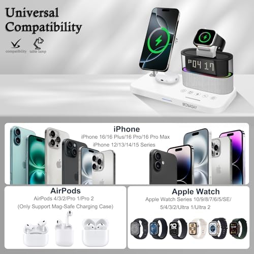 MONASAY Qi2 5-in-1 Wireless Charging Hub with Alarm Clock – 23 W Fast Charger for i Phone 16/15/14/13/12, Air Pods, and Apple Watch – Magnetic Stand for Optimal Device Alignment – Sleek Black Design for Home and Office Use – Ultimate Convenience and Speed in One Charging Solution