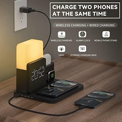 LAVONE 3-in-1 Fast Wireless Charging Station with Digital Alarm Clock & Adjustable Night Light – Ultimate Qi-Compatible Dock for i Phone 15/14/13 Series, Apple Watch, Air Pods & Samsung Devices – Stylish Multi-Functional Charging Solution with Cable Management and Soft Atmosphere Lighting