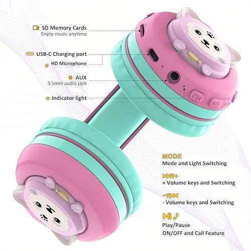 Riwbox CB-7 S Wireless Kids Headphones – Safe & Stylish Audio for Young Listeners with Adjustable Volume Control (74/85/95 d B), LED Glow Lights, 50 Hours of Playtime, Bluetooth 5.3 Connectivity, Built-in Microphone & TF Card Slot for School, Travel, and Home Use (Pink & Green) – Ideal for Active Lifestyles