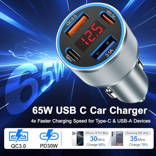 Rapid Charge 2-Pack: 65 W Multi-Port USB C Car Charger with Built-in Volt Meter for i Phone, Samsung & Android – Enhanced Fast Charging & Compatibility for On-the-Go Power Solutions