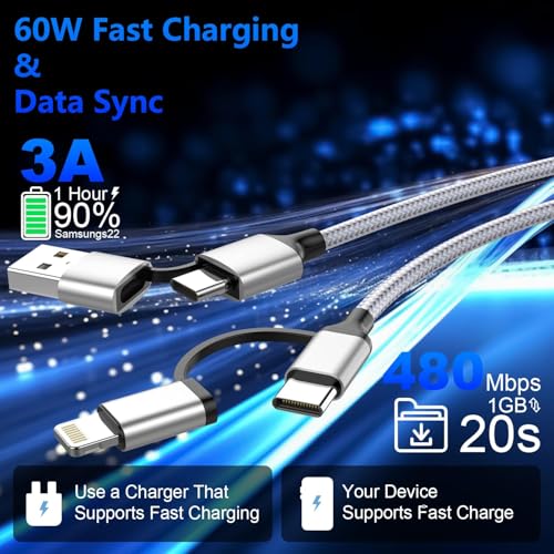 Ultimate 20 FT 4-in-1 i Phone Charger Cable – MFi Certified Lightning Fast Charging for i Phone 16/15/14/13/12 & Android Devices, 60 W USB C Power Delivery, Durable Tangle-Free Design for Enhanced Compatibility & Convenience