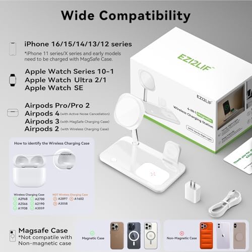 Revolutionize Your Charging Routine with the 4-in-1 Mag-Safe Wireless Charging Station – Optimized for i Phone 16/15/14/13/12, Apple Watch Series 9-1/Ultra/SE, and Air Pods 4/3/2/Pro with Built-in Night Lamp for Enhanced Ambiance and Speed – Perfect for Streamlined Home or Office Use
