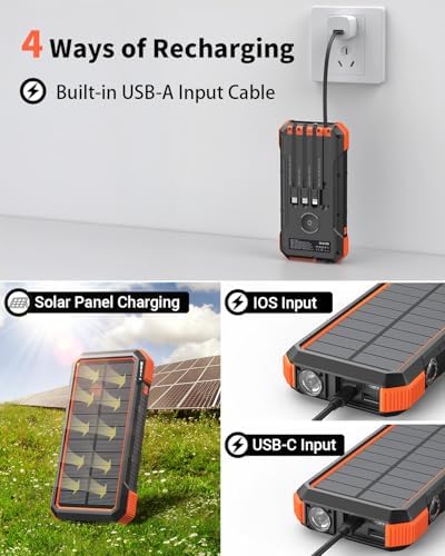 BLAVOR 20000 m Ah Solar Power Bank with 4 Built-in Cables – 20 W Fast Charging Portable Charger for i Phone 16/15/14/13/12/11, i Pad, Apple Watch & All Mobile Devices – Eco-Friendly Outdoor Power Solution with Integrated Flashlight for Ultimate Convenience