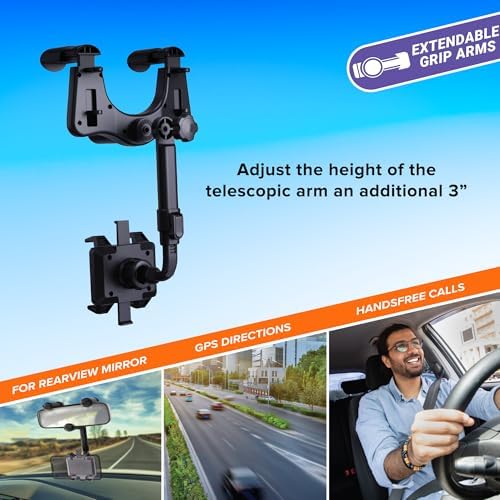 Armor All Phone Mount for Car, Rear View Mirror Phone Holder, 360° Rotatable, Adjustable Telescopic Arm, Car Phone Holder for iPhone, Samsung, & All Cell Phones Between 2.5” in – 3.7” in. Wide – Enhanced Compatibility and Speed
