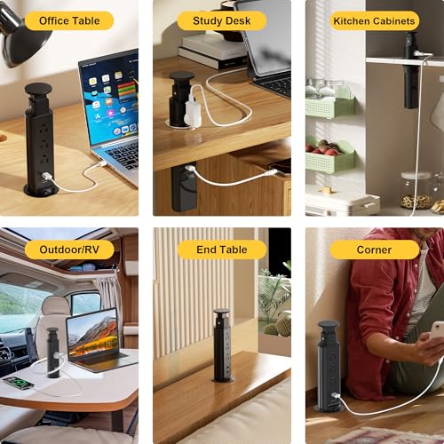 Elevate Your Charging Station with the Kungfuking Retractable Pop Up Outlet Socket – Versatile Power Hub Featuring 3 US Plugs & 2 USB Ports for Kitchen Counters, Conference Rooms, and Office Spaces, Sleek Black Design for Modern Aesthetics, Efficient Charging & Clutter-Free Organization