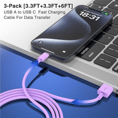 3-Pack Black [3.3FT+3.3FT+6FT] USB A to USB C Cable，USB to USB C Car Carplay Cable for iPhone 16 15 Pro Plus Pro Max，for iPad Pro/Air/Mini，for Samsung S24/S23/S22，for MacBook Pro/Air and More – Enhanced Compatibility and Speed