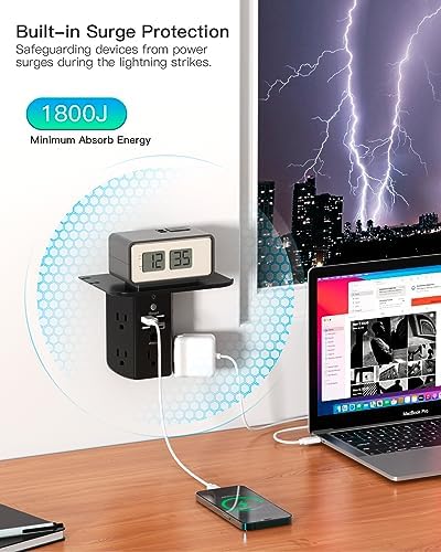 Revolutionary Wall Outlet Extender with Integrated Shelf & Adjustable Night Light – 5 USB Ports Including Rapid USB-C Charging, Surge Protection, and Compact Design for Enhanced Organization and Efficiency